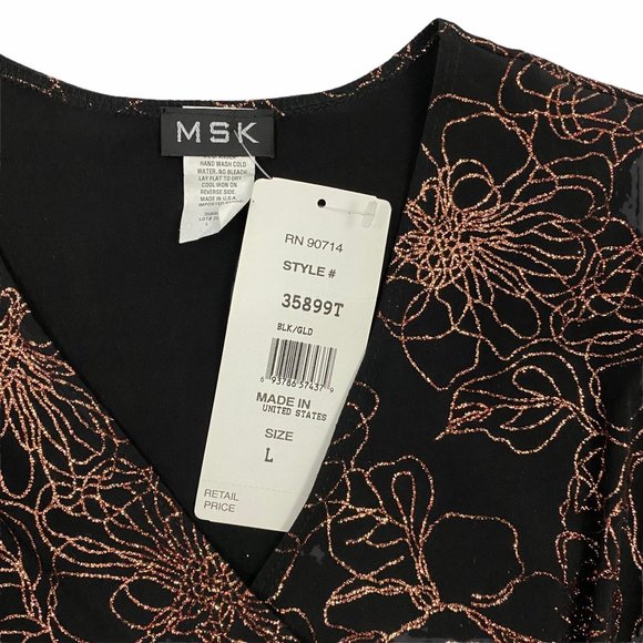 MSK Black Rose Gold Glitter Floral Wrap Top L - Picture 9 of 13